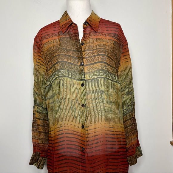 Chico's Design Sheer Long Sleeve Blouse Tunic Rayon Burnt Orange Tribal Print - Picture 7 of 16